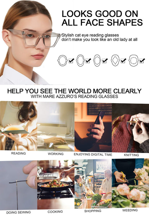 MARE AZZURO Oversized Reading Glasses For Women Cat Eye Readers  Fashionable