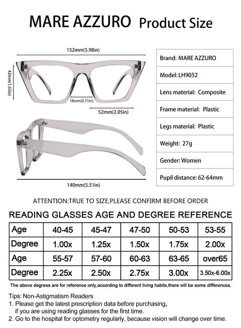 MARE AZZURO Oversized Reading Glasses For Women Cat Eye Readers  Fashionable