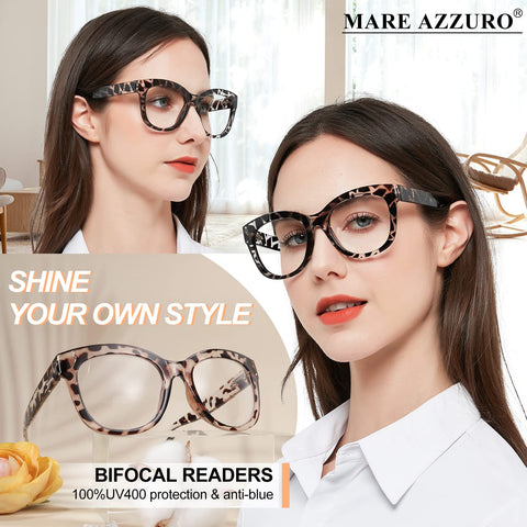 MARE AZZURO Fashion Stylish Oversized Bifocal Reading Glasses For Women Blue Light Blocking Readers 1.0  to 3.0