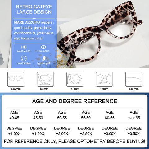 MARE AZZURO Retro Cat Eye Reading Glasses Women Large Frame Readers (1.0-6.0)