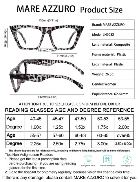 MARE AZZURO Oversized Reading Glasses For Women Cat Eye Readers  Fashionable