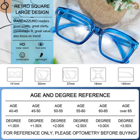 MARE AZZURO Oversized Reading Glasses For Women Stylish Readers Black Blue Coffee