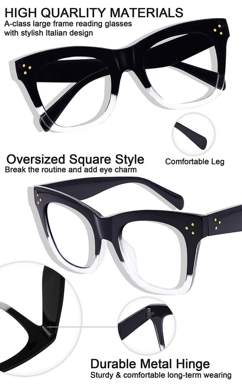 MARE AZZURO Oversized Reading Glasses For Women Trendy Large Readers 0 1.0 1.25 1.5 1.75 2.0 2.25 2.5 2.75 3.0 3.5 4.0 5.0 6.0