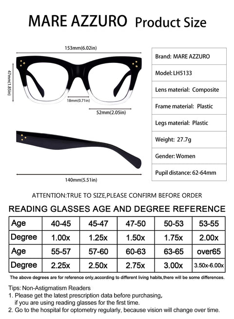 MARE AZZURO Oversized Reading Glasses For Women Trendy Large Readers 0 1.0 1.25 1.5 1.75 2.0 2.25 2.5 2.75 3.0 3.5 4.0 5.0 6.0