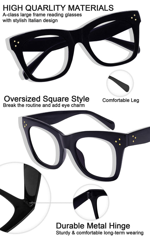 MARE AZZURO Oversized Reading Glasses For Women Trendy Large Readers 0 1.0 1.25 1.5 1.75 2.0 2.25 2.5 2.75 3.0 3.5 4.0 5.0 6.0