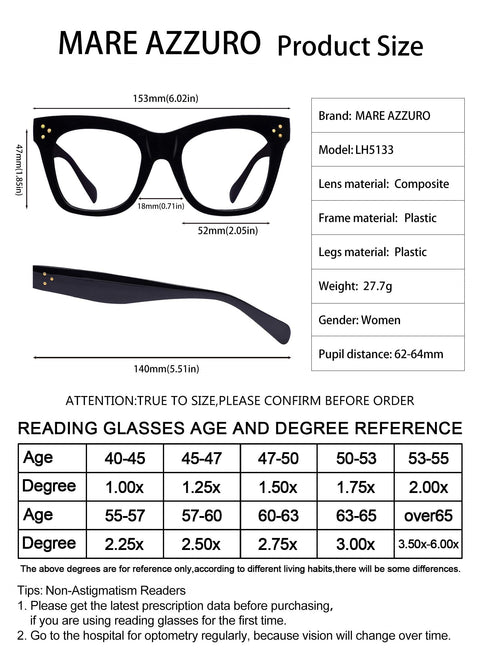MARE AZZURO Oversized Reading Glasses For Women Trendy Large Readers 0 1.0 1.25 1.5 1.75 2.0 2.25 2.5 2.75 3.0 3.5 4.0 5.0 6.0