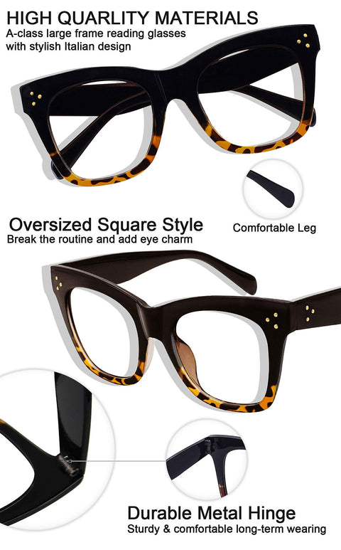 MARE AZZURO Oversized Reading Glasses For Women Trendy Large Readers 0 1.0 1.25 1.5 1.75 2.0 2.25 2.5 2.75 3.0 3.5 4.0 5.0 6.0