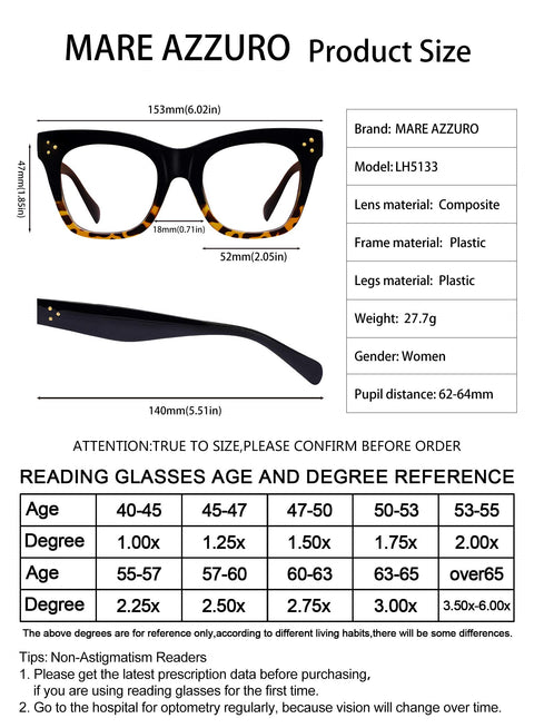MARE AZZURO Oversized Reading Glasses For Women Trendy Large Readers 0 1.0 1.25 1.5 1.75 2.0 2.25 2.5 2.75 3.0 3.5 4.0 5.0 6.0