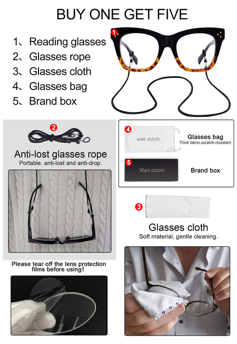 MARE AZZURO Oversized Reading Glasses For Women Trendy Large Readers 0 1.0 1.25 1.5 1.75 2.0 2.25 2.5 2.75 3.0 3.5 4.0 5.0 6.0