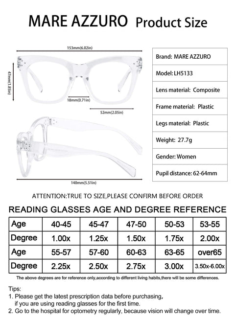 MARE AZZURO Oversized Reading Glasses For Women Trendy Large Readers 0 1.0 1.25 1.5 1.75 2.0 2.25 2.5 2.75 3.0 3.5 4.0 5.0 6.0