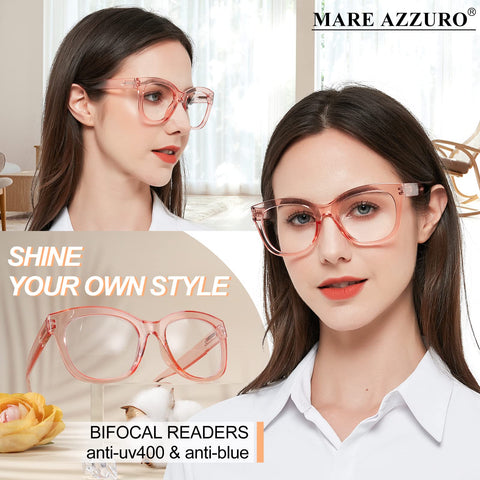 MARE AZZURO Fashion Stylish Oversized Bifocal Reading Glasses For Women Blue Light Blocking Readers 1.0  to 3.0