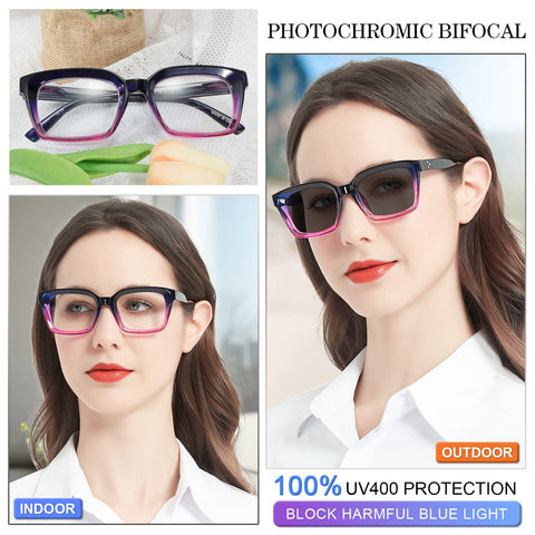 MARE AZZURO New Photochromic Bifocal Reading Glasses Women Blue Light Blocking Oversized Sun Readers
