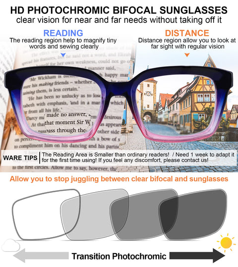MARE AZZURO New Photochromic Bifocal Reading Glasses Women Blue Light Blocking Oversized Sun Readers