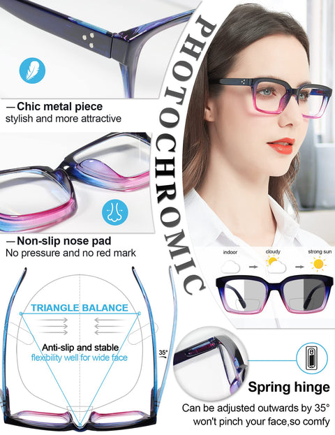 MARE AZZURO New Photochromic Bifocal Reading Glasses Women Blue Light Blocking Oversized Sun Readers
