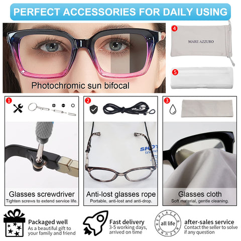 MARE AZZURO New Photochromic Bifocal Reading Glasses Women Blue Light Blocking Oversized Sun Readers