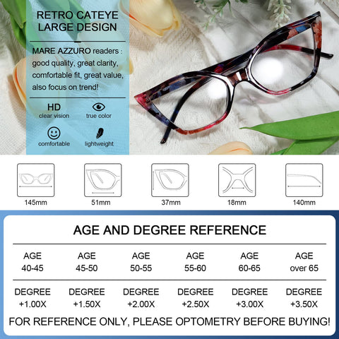 Cat Eye Reading Glasses For Women Retro Cute Readers MARE AZZURO  0 1.0 1.25 1.5 1.75 2.0 2.25 2.5 2.75 3.0 3.5 4.0 5.0 6.0