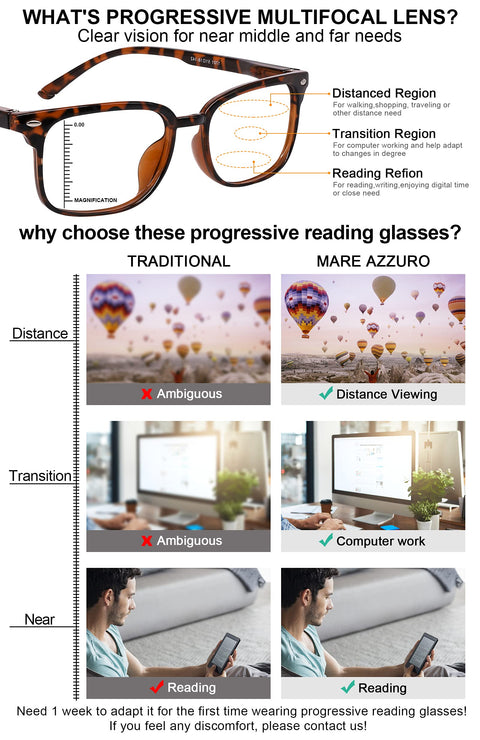 MARE AZZURO Progressive Multifocus Reading Glasses Blue Light Blocking Men Lightweight Multifocal Readers