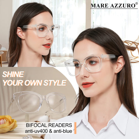 MARE AZZURO Fashion Stylish Oversized Bifocal Reading Glasses For Women Blue Light Blocking Readers 1.0  to 3.0