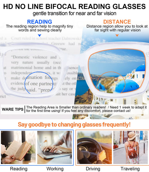 MARE AZZURO No Line Bifocal Reading Glasses Women Oversized Blue Light Blocking Readers