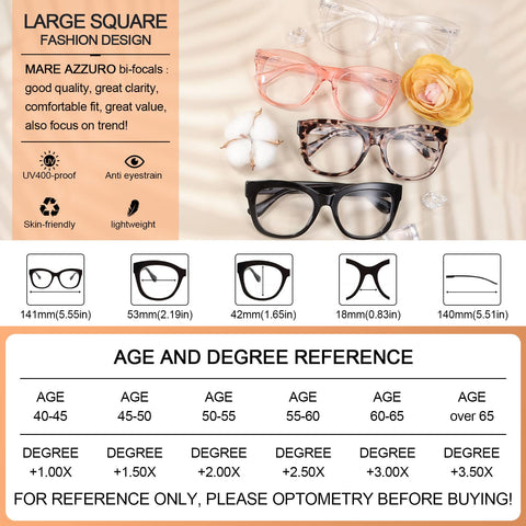 MARE AZZURO Fashion Stylish Oversized Bifocal Reading Glasses For Women Blue Light Blocking Readers 1.0  to 3.0